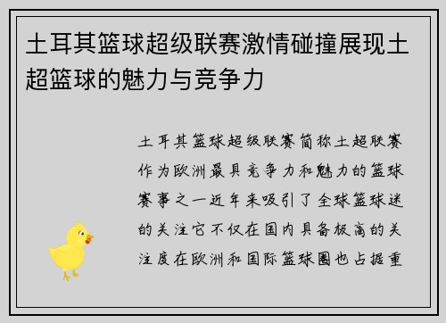 土耳其篮球超级联赛激情碰撞展现土超篮球的魅力与竞争力 土耳其篮球超级联赛激情碰撞展现土超篮球的魅力与竞争力